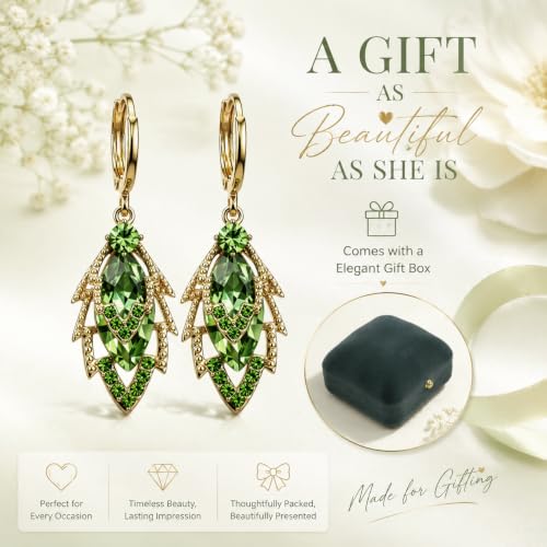 HEFEIYU 14K Gold Plated Dangle Drop Earrings, Hypoallergenic Cubic Zirconia Crystal Teardrop Leaf & Feather Earrings, Vintage Long Linear Threader Chandelier Statement Jewelry for Women Wedding Party Gifts (Green) - image 4