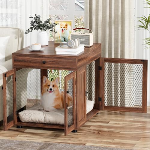 VOWNER Hundekäfig Möbel Indoor, 3 Türen Holz Hundebox mit Schublade, Moderne Hundehütte als Beistelltisch, 60 x 80 x 69 cm für kleine/mittelgroße Hunde Zuhause unter 30 kg, Walnussbraun