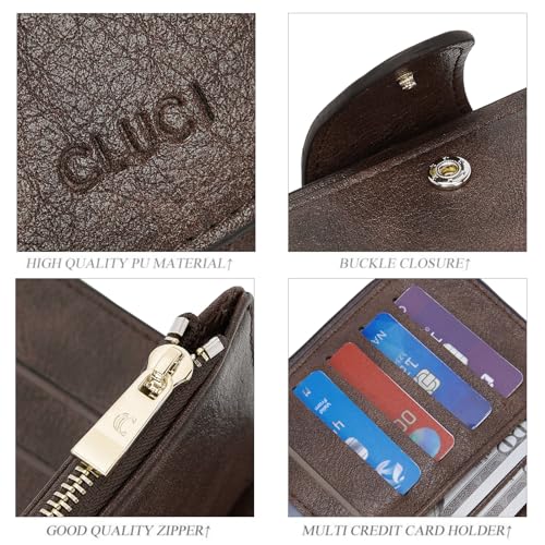 Image of CLUCI Wallet For Women PU Leather RFID Blocking Womens Wallet Bifold Card Holder with ID Window Gifts for Women Birthday, Oil wax Two-toned Coffee, Large, Fashion