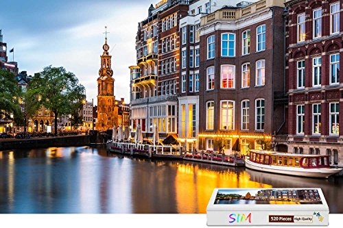 Sim,Handmade Premium Wooden Puzzle Bright Color in Box Gift-Wrap - Amsterdam Netherlands River Dusk,20.6 X 15.1 inch - 300 Piece Jigsaw Puzzle