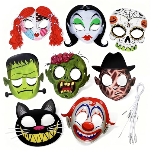 BlingABC 8 Pieces Cartoon Zombie Mask Theme Party Supplies, Halloween Cat Clown Skeleton Paper Masks Theme Party Costumes Decoration Children Adult