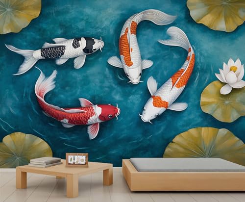 HYGIUID Japanese Koi Mural Lotus Pond Wallpaper Traditional Oil Painting Wall Mural Art Decor Photo Nursery Bedroom Panoramic Accent Wallpaper (Non-self-Adhesive)