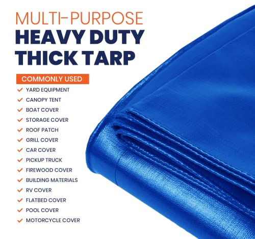 Image of Extra Heavy Duty 14 Mil Tarp Cover, Waterproof, UV Resistant, Rip and Tear Proof, Poly Tarpaulin with Reinforced Edges for Roof, Camping, Patio, Pool, Boat (Blue 10′ X 12′)