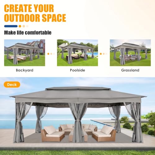 Image of COBIZI 12x20 FT Gazebo Outdoor with Curtains, Heavy Duty Soft Top Gazebo Canopy with Double Roof, Large Metal Frame Gazebos for Patio, Backyard and Deck (Gray)