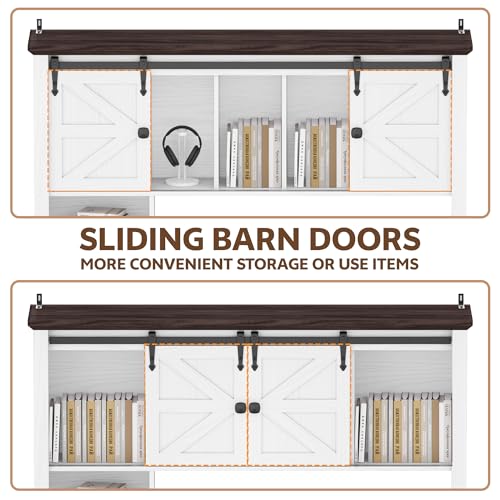 Image of Large Desktop Bookshelf with Sliding Barn Door, 47.2''W Desk Shelf Display Rack, Desktop Organizer Storage Rack with 7 Cubbies and Drawer, Home, Desk Shelf for Office, Dorm, Vanity, White