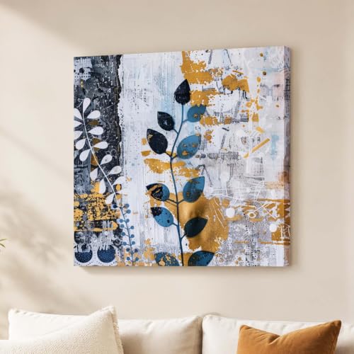 Image of Abstract Botanical Stretched Canvas Wall Art Painting for Living Room | Modern Floral Canvas Artwork Painting | Contemporary Decorative Wall Decor for Home & Office, 22x22 Inch