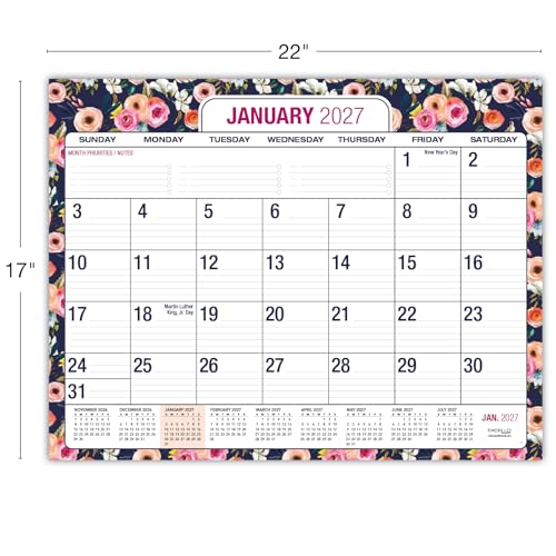 Image of Desk PAD: 22 inch x 17 inch Large Print Desk Pad Calendar, APR 2026 - DEC 2027, 21 Months, (Small Navy Floral)