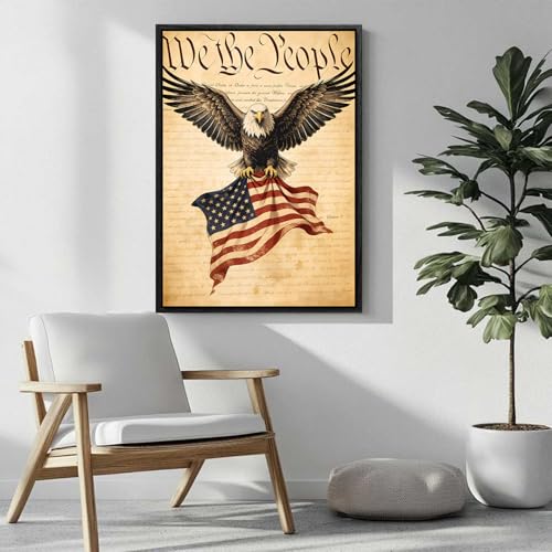 Image of American Flag Framed Canvas Wall Art, 4th of July Red White Blue Canvas Prints, USA Flag with Bald Eagle Patriotic Decorations, Vintage Independence Day Wall Decor for Bedroom Living Room 11x14