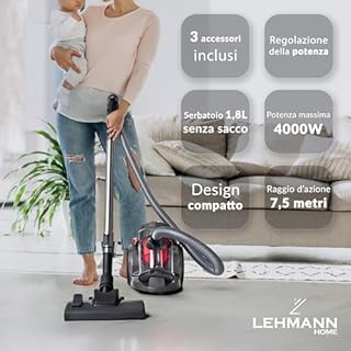 LEHMANN Aspirapolvere Ciclonico Potente, max. 4000W, Aspirapolvere a Traino senza Sacco con Filtro HEPA per Allergici, Capacità 1,8L, Set di Accessori con Spazzola Turbo per Peli Animali, Compatto