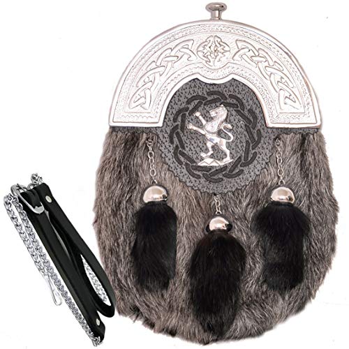 Scottish Kilt Sporran Grey Goat Skin Full Dress Sporran Celtic Chrome Cantel