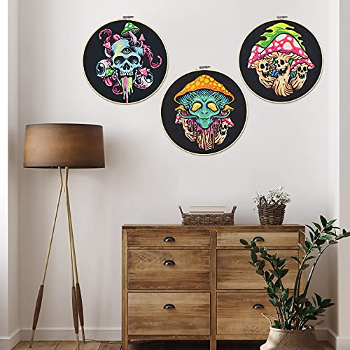 Lyacmy Set Of 3 Skull Canvas Wall Art With Frame, Hippie Skeleton Painting Pictures Colorful Mushroom Painting Artwork Wall Hanging For Room (Round Diameter, 10.8X10.8 Inches) #TOP1