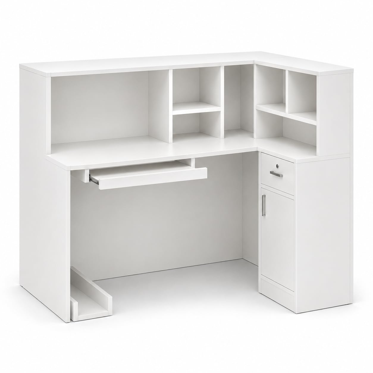 Mostrador de Recepción Blanco en L 142cm – Caja Esquinera con Cajón de Teclado, Soporte para PC, Cajón con Llave y 5 Compartimentos – Mostrador para Oficina, Salón, 142×82×123cm