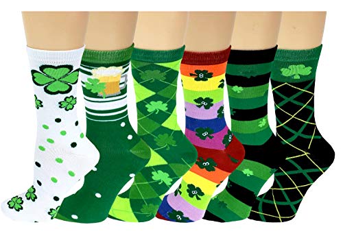 SUMONA 6 Pairs Novelty Design Crew Socks, Christmas Holidays Crazy Fun Colorful Fancy Design (Saint Patrick Days)