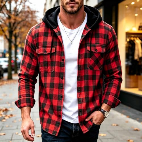 Carydety Plaid Shirt Jacket for Men Fall Hooded Long Sleeve Button Up Shirt - image 3