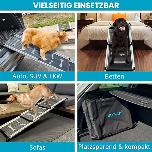 Ultiness® Teleskop-Hunderampe Auto-Hunderampe Hundeautorampe Auto-Kofferraumrampe für Haustiere, Autos, LKWs und SUVs Anti-Rutsch und klappbar Aus leichtem Aluminium Einstiegshilfe Kofferraum
