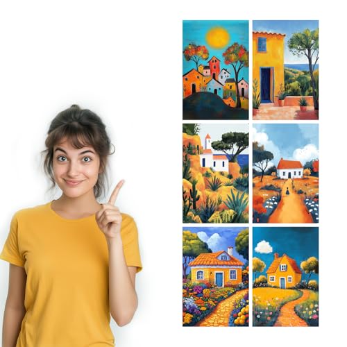 Image of SiddArtify Colorful House Wall Art Prints Set - Whimsical Landscape Poster Decor for Living Room Bedroom Office - 8x12 Sticker Pack of 6