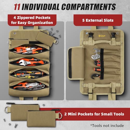 Tool Bag Roll Up, UUP Heavy Duty Rolled Empty Tool Storage Organization, Portable Foldable Rollup Organizer with 2 Small Pouches, Rollable Carrying Toolbag, Dad Men Mechanic Birthday Gifts, Khaki