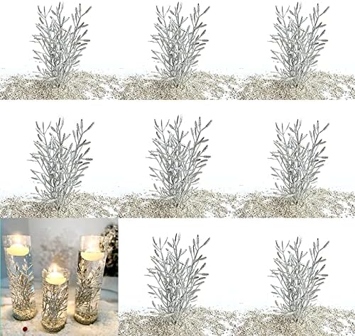 TeaSu Sinkable Flower Filler for Floating Candles Centerpieces, Branch and Sands for Christmas Thanksgiving Centerpiece, Dinning Table Decoration for Party Home Bar and Restaurant (Silver)