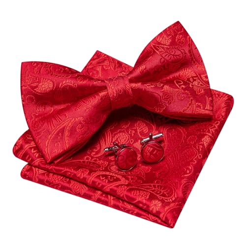 Image of Barry.Wang Paisley Striped Bow Tie for Men Silk Pre-Tied Bowtie Pocket Square Cufflinks Set Formal Wedding Party Prom
