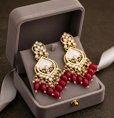 Image of Traditional 20K Gold Plated Kundan Chandbali Earrings with Black Beads and Faux Pearls for Women - Ethnic Wedding & Partyy Wear Statement Jewelry