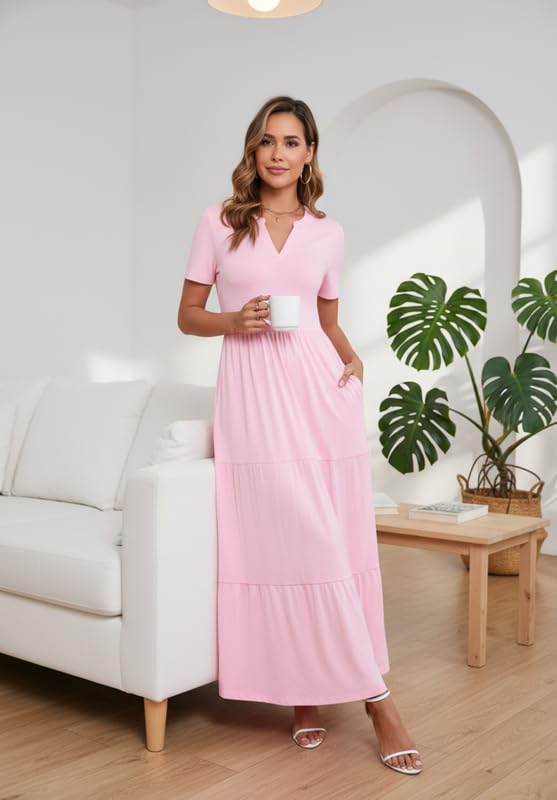 Image of MarryUP Women 2025 Casual Loose Maxi Dress with Pockets V Neck Short Sleeve Tiered Long Summer Beach Swing Dresses