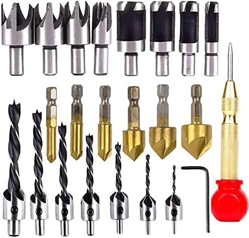 23pcs Woodworking Chamfer Drilling Tool,6Pcs 1/4" Hex Shank Countersink Drill Bits,7pcs Three Pointed Countersink Drill Bit with L-Wrench, 8PCS Wood Plug Cutter Tool Drill Bits for Wood DIY Drilling
