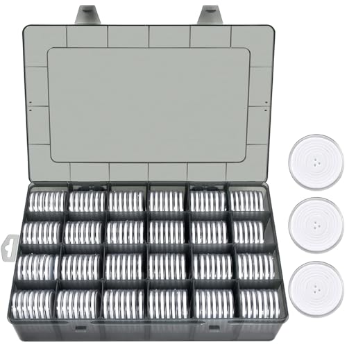 FULLCASE Coin Capsules 46mm with Foam Gasket and Plastic Storage Organizer Box, 6 Sizes (20/25/27/30/38/46 mm) Coins Collector Case Holder for Collection Supplies-168 Pieces(Light Grey)