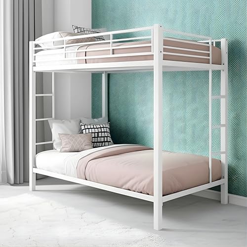 Image of Metal Bunk Bed for Adults and Kids, Sturdy Steel Frame with Guard Rails (3 X 6 Ft) | White Finish | Space Saving Design | DIY Assembly for Home and Bedroom