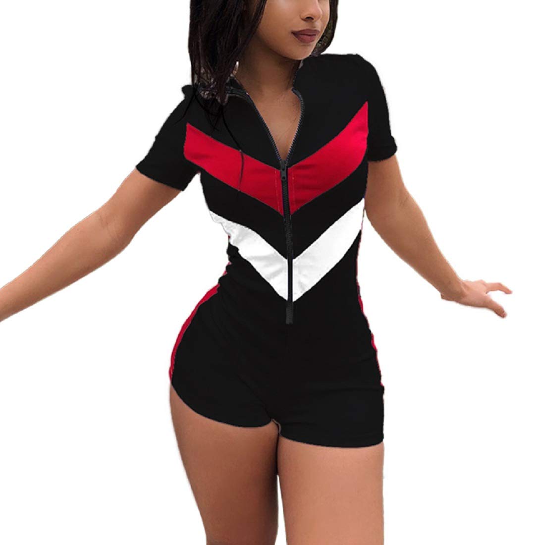 EOSIEDURWomen Summer Sexy Sportswear V Neck Short Sleeve Color Stripe Slim Fit Tracksuit Jumpsuits Rompers