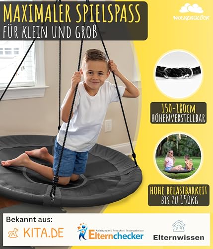 WOLKENGLÜCK® Nestschaukel [Ø 110 cm] - Höhenverstellbare Schaukel Outdoor & Indoor für Kinder und Erwachsene (max. 150 kg) - Tellerschaukel inkl. Montage-Zubehör [Grau]