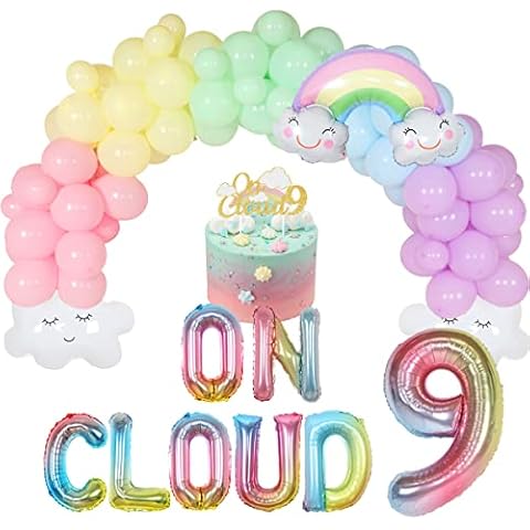 On Cloud 9 Birthday Decorations for Girls Pastel Rainbow Balloon Garland Arch Kit On Cloud 9 Cake Topper/Balloon Banner for Sky Theme 9th Birthday Party Supplies Cover