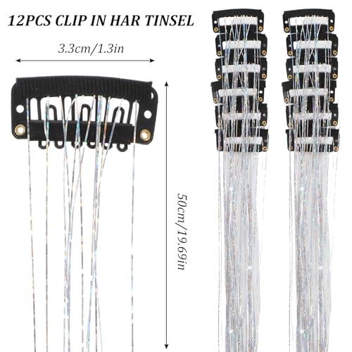 XLIUAX 12 Piece Hair Tinsel Clips, Clip in Hair Tinsel, 19.5 Inch Glitter Heat Resistant Hairs Tinsels Extensions, Sparkle Strands Festival Gift Party for Parties, Everyday Wear, Travel, Birthdays