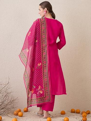 Image of INDO ERA Women's Straight Cotton Blend Ethnic Motifs Embroidered Kurta Pant With Dupatta Set
