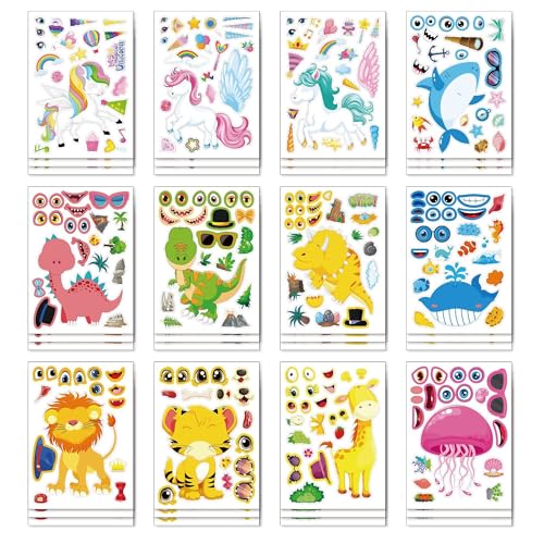 36pcs Make a face Stickers for Kids, Make Your Own Classic Animal Sticker Sheets with Sea Creatures Safaris Animals Dinosaurs and Unicorns for Kids Party Favors Goodie Bags Stuffers Craft (Mixed)