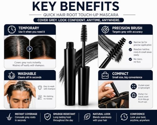Image of Quick Hair Root Touch-Up Mascara for Grey Hair, Beard & Mustache | Instant Temporary Hair Color | Precision Mascara Brush | Smudge Resistant Formula | Easy Washable Root Cover Up | Black