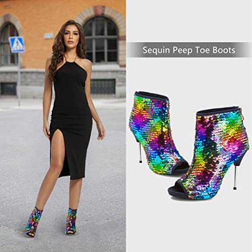 CAMSSOO Women's Colorful Sequin Stiletto Boots Peep Toe Rear Zipper Sexy Dress Wedding Glitter High Heels Sandals Ankle Boots2