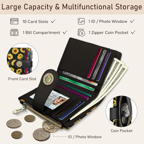 Image of Kelvoris Sunflower Small Rfid Women Wallet Bifold Zipper Coin Pocket | PU Leather Compact Cash Credit Card Holder, Travel Purse for Female Ladies Teen Girls, 1 ID Window 10 Card Slots
