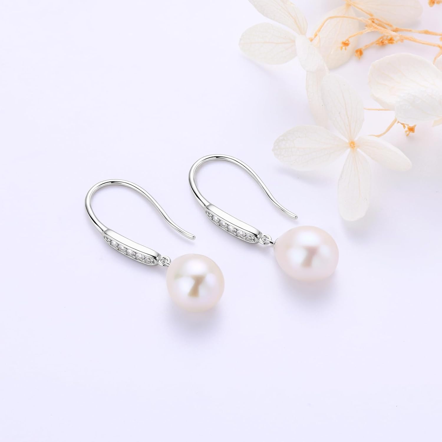 Freshwater Pearl Drop Earrings, 925 Sterling Silver Cultured Pearls Dangle Earrings with Cubic Zirconia, Wedding Anniversary Jewelry Gifts for Women Wife Bride