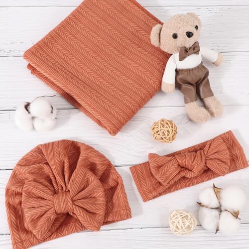 Image of DRESHOW BQUBO Newborn Receiving Blanket Toddler Warm for Girls with Bow Hat and Bow Headband Shower Gift