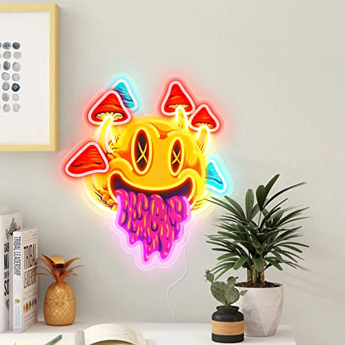 Ggk Smiling With Mushrooms Neon Sign Unique Mushroom Decor Aesthetic Room Decor Trippy Mushrooms Light For Halloween Parties, Bedroom Wall, Bar, Game Room, Man Cave Neon X Art Printing Upgraded Led Neon Lights #TOP3