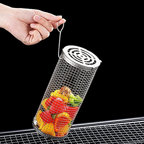 2 Pcs Bbq Rolling Grilling Basket For Outdoor Grill,Cylindrical Stainless Steel Grill Net For For Vegetables And Meat,Bbq Accessories Included（M-7.87X3.54X3.54 Inch） #TOP4