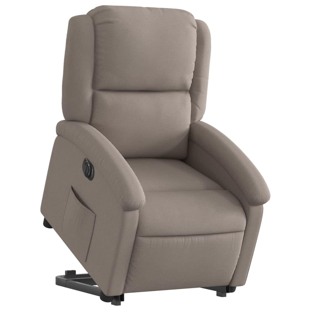 Sillón elevador eléctrico reclinable de tela color pardo con motor para elevación e inclinación automática, respaldo ajustable y reposapiés, estructura estable