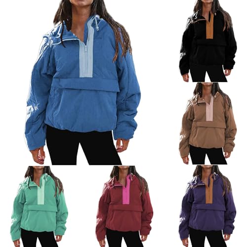 Womens Oversized Puffer Pullover Jacket Half Zip Puffer Coat Lightweight Quilted Hoodie with Drawstring4