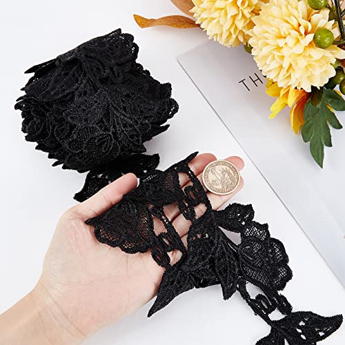 GORGECRAFT 5 Yards Lace Applique Trim 3.2 Inch Black Flower Embroidery Lace Edge Trimmings Floral Embroidered Applique Ribbon for DIY Sewing Crafts Wedding Bridal Dress Embellishment Party Decoration - Image 3