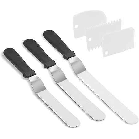 Stainless Steel Icing Spatulas Angled Cake Spatulas with 3 Cake Smoother Scrapers- Professional Frosting Offset Spatula Set with 6, 8, 10 inch Blades for Cake Decorating