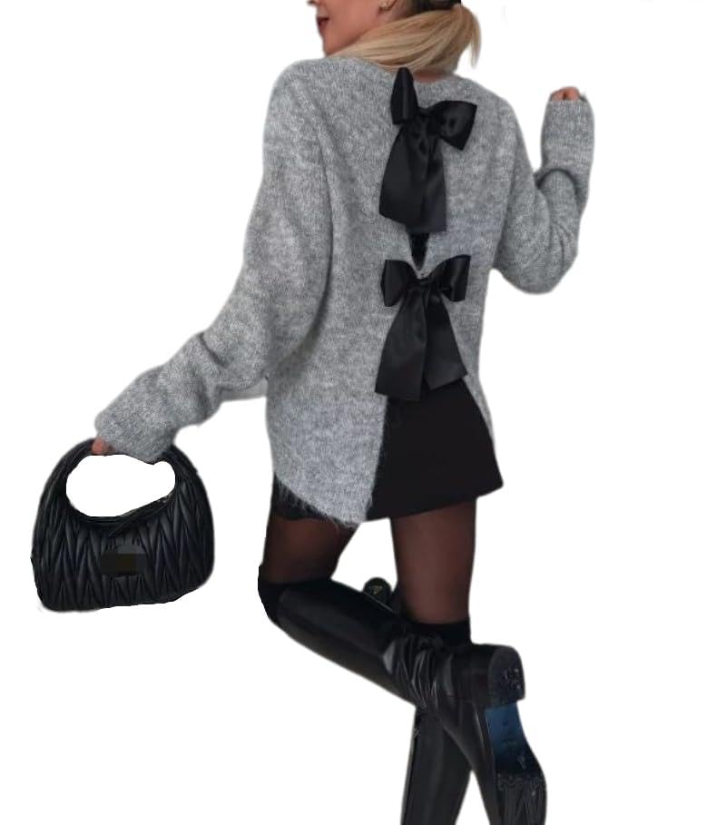 Chvity Womens Y2K Back Tie Knot Crew Neck Long Sleeve Knit Sweater Bow Open Back Pullover Trendy Casual