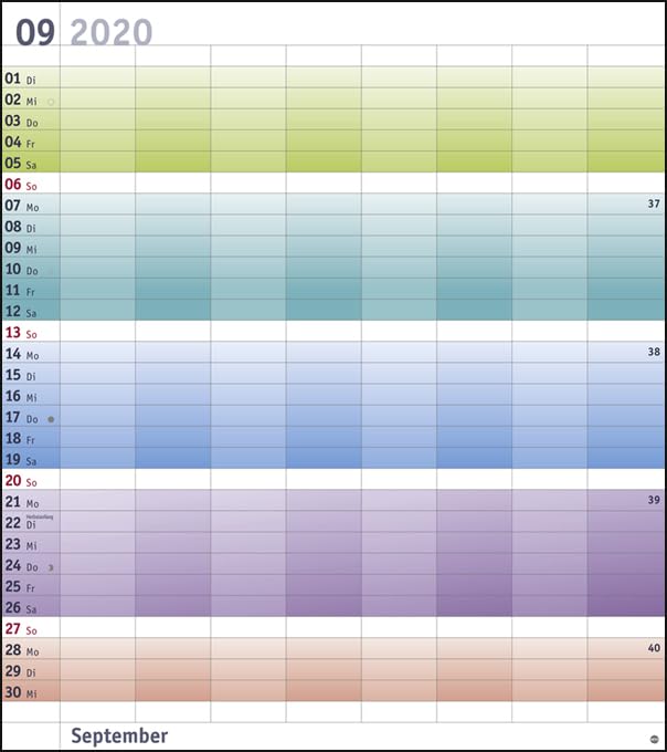 Bunte Wochen Planer XXL. Wandkalender 2020. Monatskalendarium. Spiralbindung. Format 40 x 45 cm