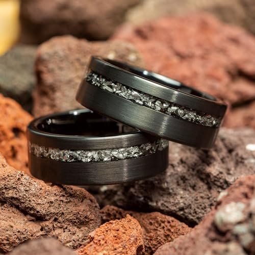 Custom Engraved Men's Wedding Ring Black Brushed Tungsten Meteorite Inlay, Personalized Wooden Ring Box - 8mm Comfort Fit4