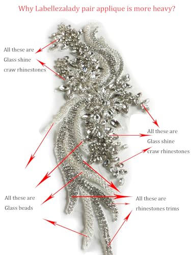Labellezalady LA BELLEZA 1 Pair Hand-Made Beaded Rhinestons Diy Clothing Appliques Patch,14.5 Inch *4.11 Inch Wedding Dress Decoration,Silver Flower Applique thumb #1