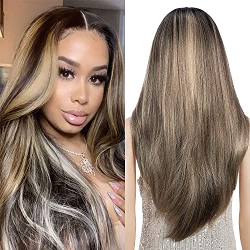 FASHION IDOL Wig for Women Synthetic Lace Frontal Wigs Door Curtain Bangs in the Split Lace Hair Stitching Layered Wig Highlights 28 Inch - Image 2